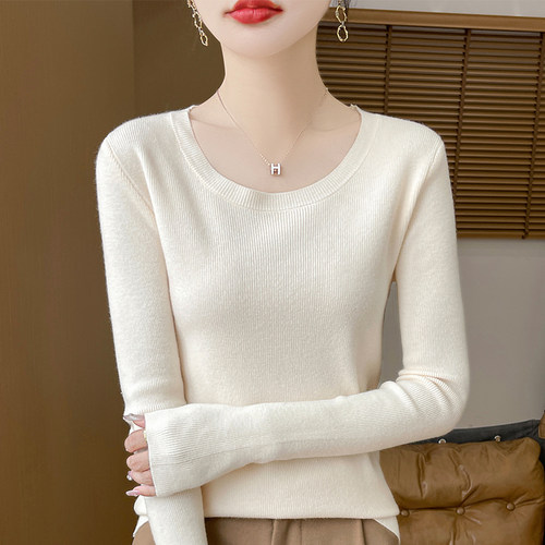 法式百搭圆领羊毛针织衫女套头长袖保暖修身2024冬季新款羊绒毛衣
