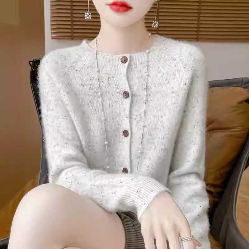 秋冬新款点子纱高端羊绒衫开衫女100纯羊毛宽松圆领针织加厚外套