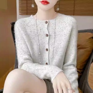 秋冬新款点子纱高端羊绒衫开衫女100纯羊毛宽松圆领针织加厚外套