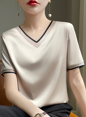 真丝短袖t恤女桑蚕丝上衣夏季白色V领25新款醋酸缎面半袖打底衫女