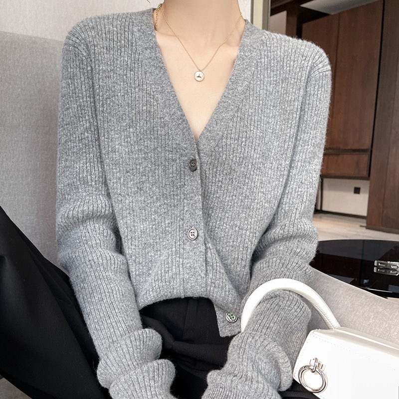 春秋新款女士坑条羊毛外套针织衫