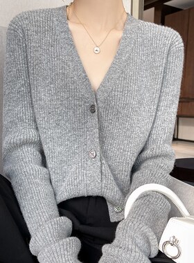 春秋新款女士坑条羊毛外套针织衫