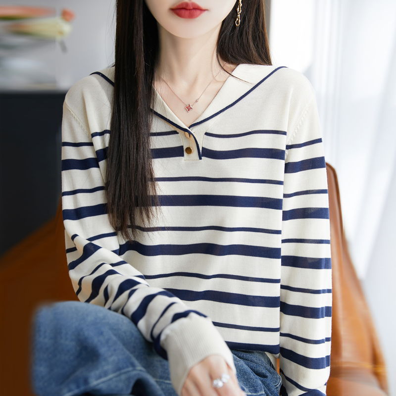2025春季新款时尚条纹海军领针织衫女宽松长袖翻领T恤衫毛衣上衣