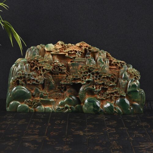 旧藏艾叶绿精雕山水人物山子摆件松下访友亭台楼阁21*5*10cm