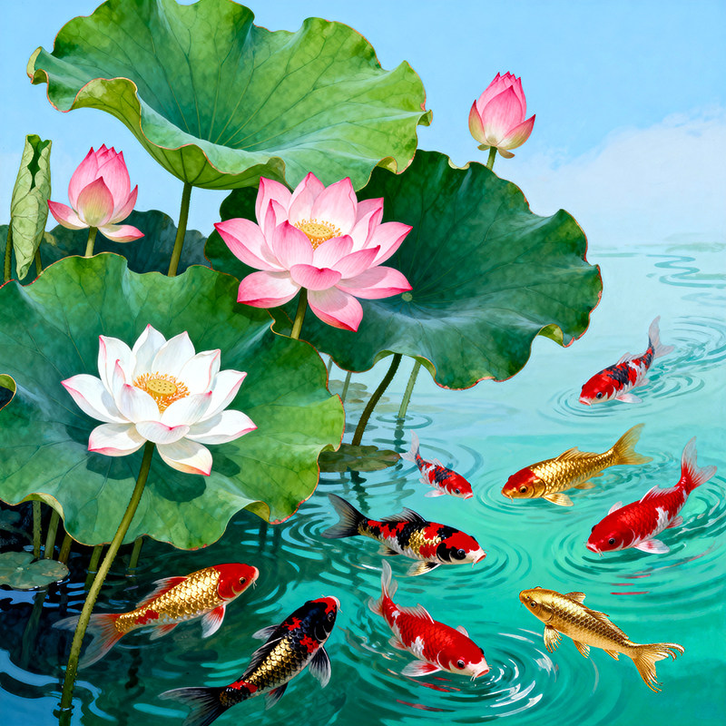 中式荷花锦鲤装饰画客厅无框九鱼图壁画玄关画自粘贴画
