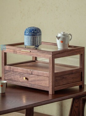 tkz黑胡桃木茶具展示盒防尘茶杯五面透明玻璃收纳茶室桌面实木收