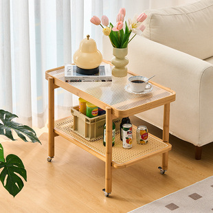 可移动茶几沙发边几日式玻璃小推车藤编置物架实木边柜阳台小桌子