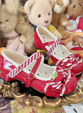 莓烦恼 草莓lolita猫爪跟可爱蕾丝花边lo鞋甜美糖果结洛丽塔lo鞋