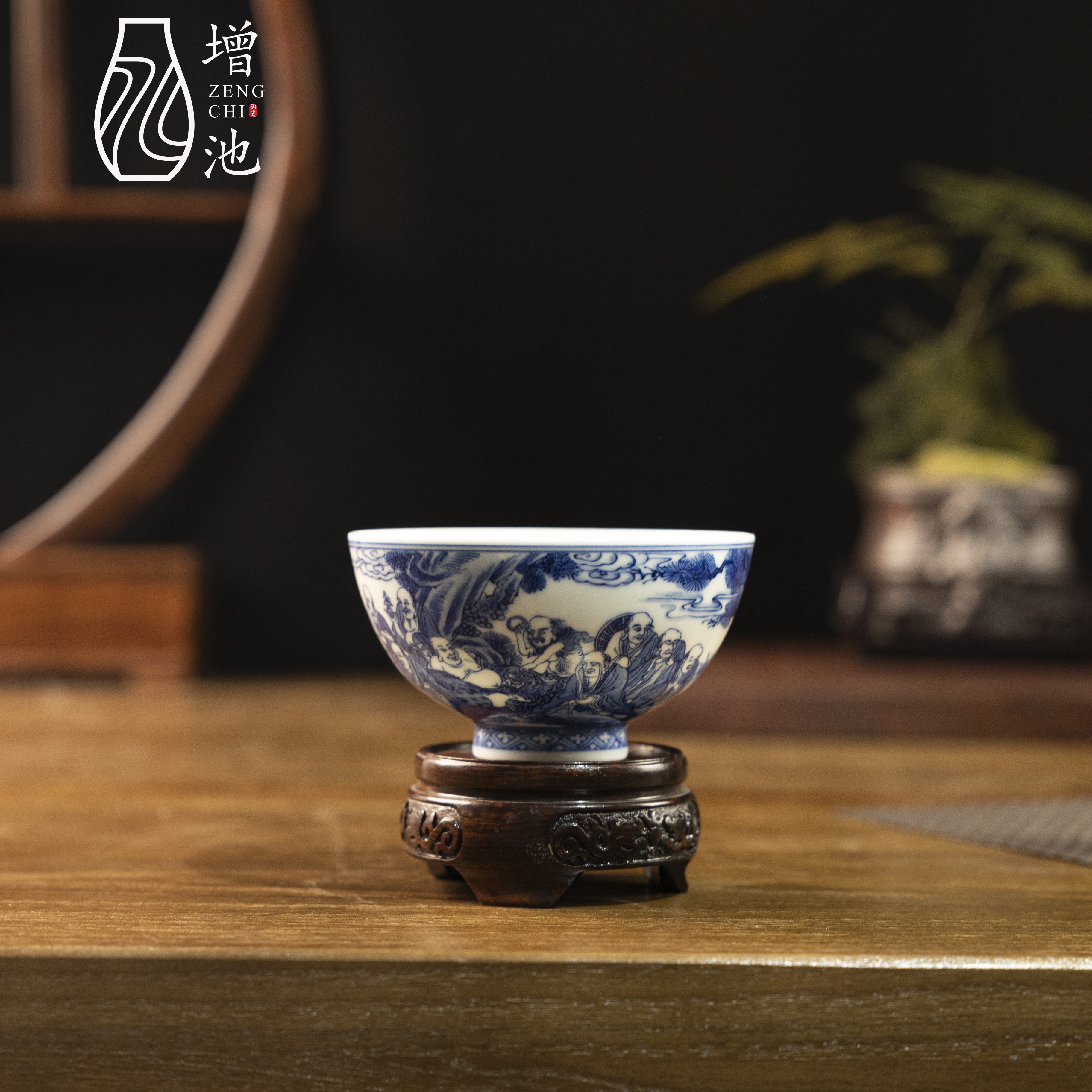 增池景德镇青花瓷手工手绘茶杯十八罗汉水杯高端茶具精品送人自用