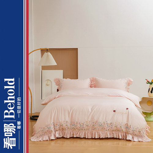 看哪Behold 蓓蕾花园 60s长绒棉四件套绣花四季儿童全棉女孩花边