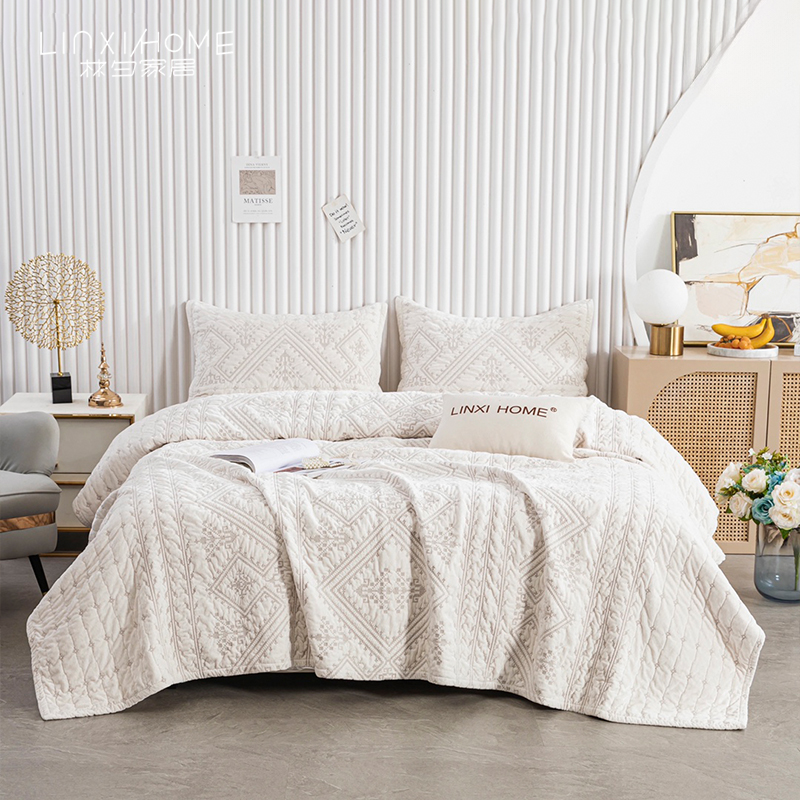 林夕家居LINXIHOME 丽莎 希腊绒绗缝床盖三件套秋冬季简约床盖