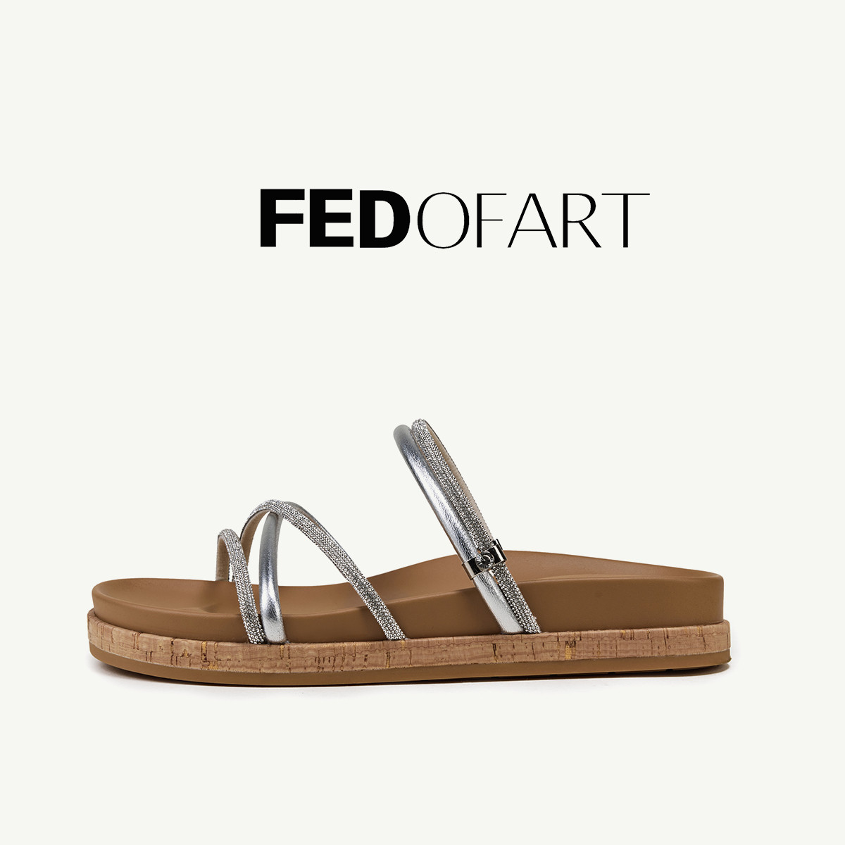 fed羊皮水钻女凉鞋夏平底厚底沙滩溯溪家居一字带凉拖鞋女外穿