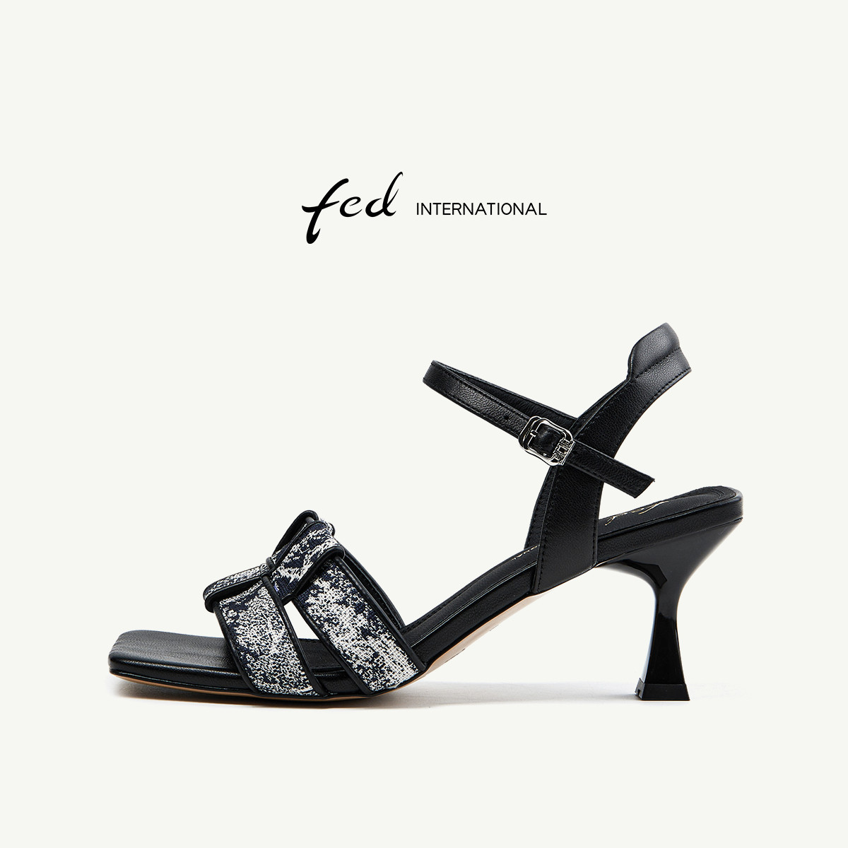 fed女凉鞋夏季羊皮方头露趾细高跟编织一字带罗马凉鞋女