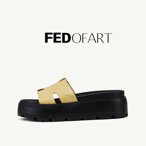 fed羊皮女凉鞋夏季百搭舒适松糕厚底运动休闲沙滩一字带凉拖鞋女