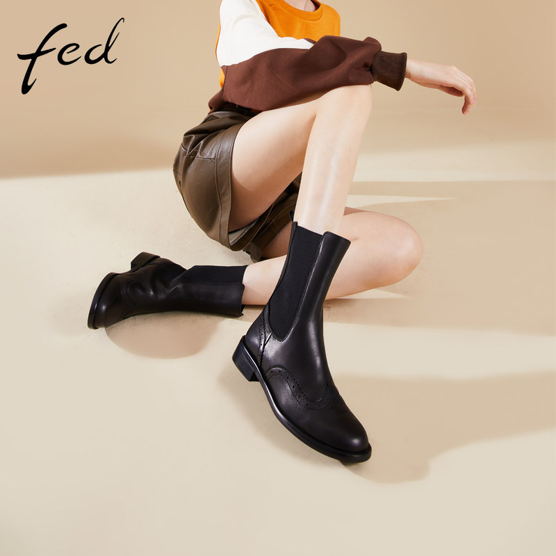 fed粗跟中筒靴冬季新款靴子圆头牛皮复古英伦时装靴女1123-ZF551