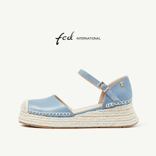 fed高级感羊皮女鞋夏坡跟厚底百搭休闲包头中空渔夫半凉鞋女真皮