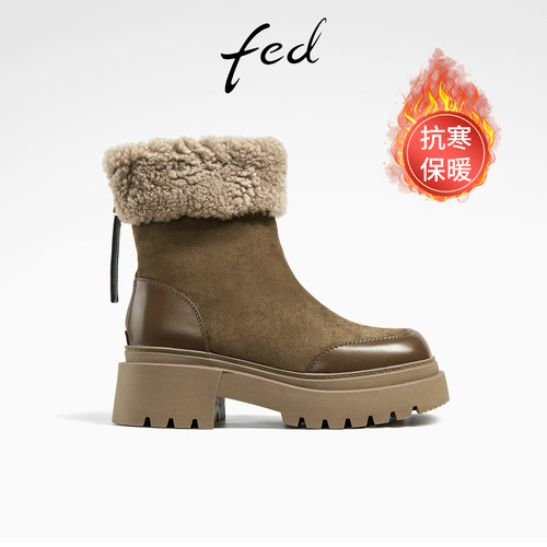 fed粗跟短靴冬季新款靴子加厚保暖靴羊羔毛时装靴女R1121-ZCA367