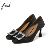 水钻方头浅口细高单鞋 女高跟鞋 通勤时装 fed羊皮里垫春秋季 鞋 女