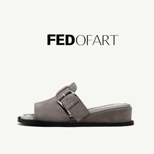 fed凉鞋夏季新款真皮坡跟平底百搭休闲勃肯一字带凉拖鞋女外穿