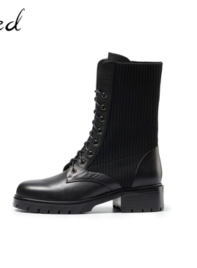 fed厚底马丁靴女新款黑色真皮透气时尚炸街增高秋款短靴806-YA373