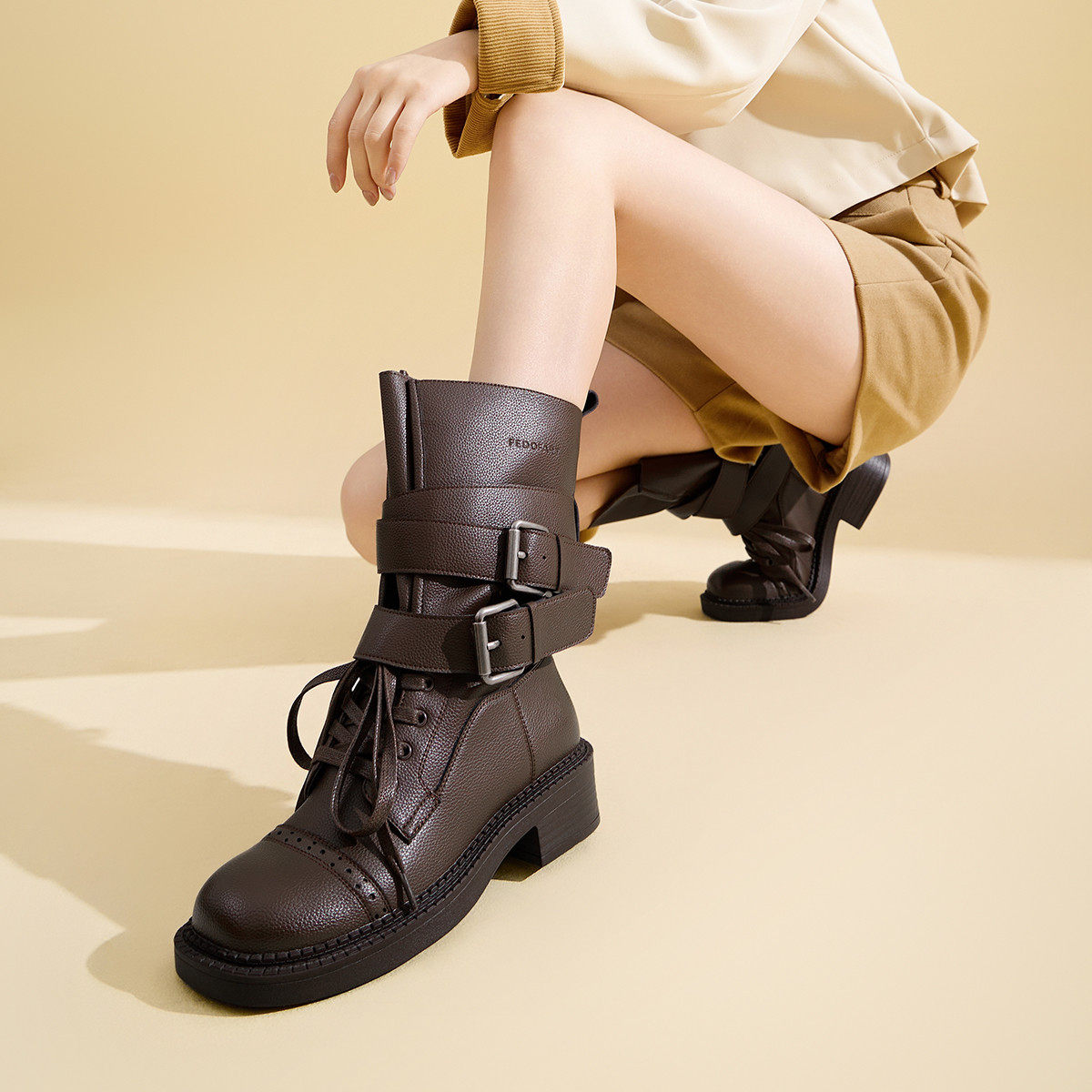 fed工程师扣带冬季粗跟厚底靴子女靴中筒靴猎户靴西部靴骑士靴女