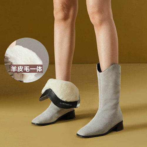 FED羊毛保暖皮靴子女鞋秋冬方头粗跟靴子女靴中筒棉靴雪地靴女