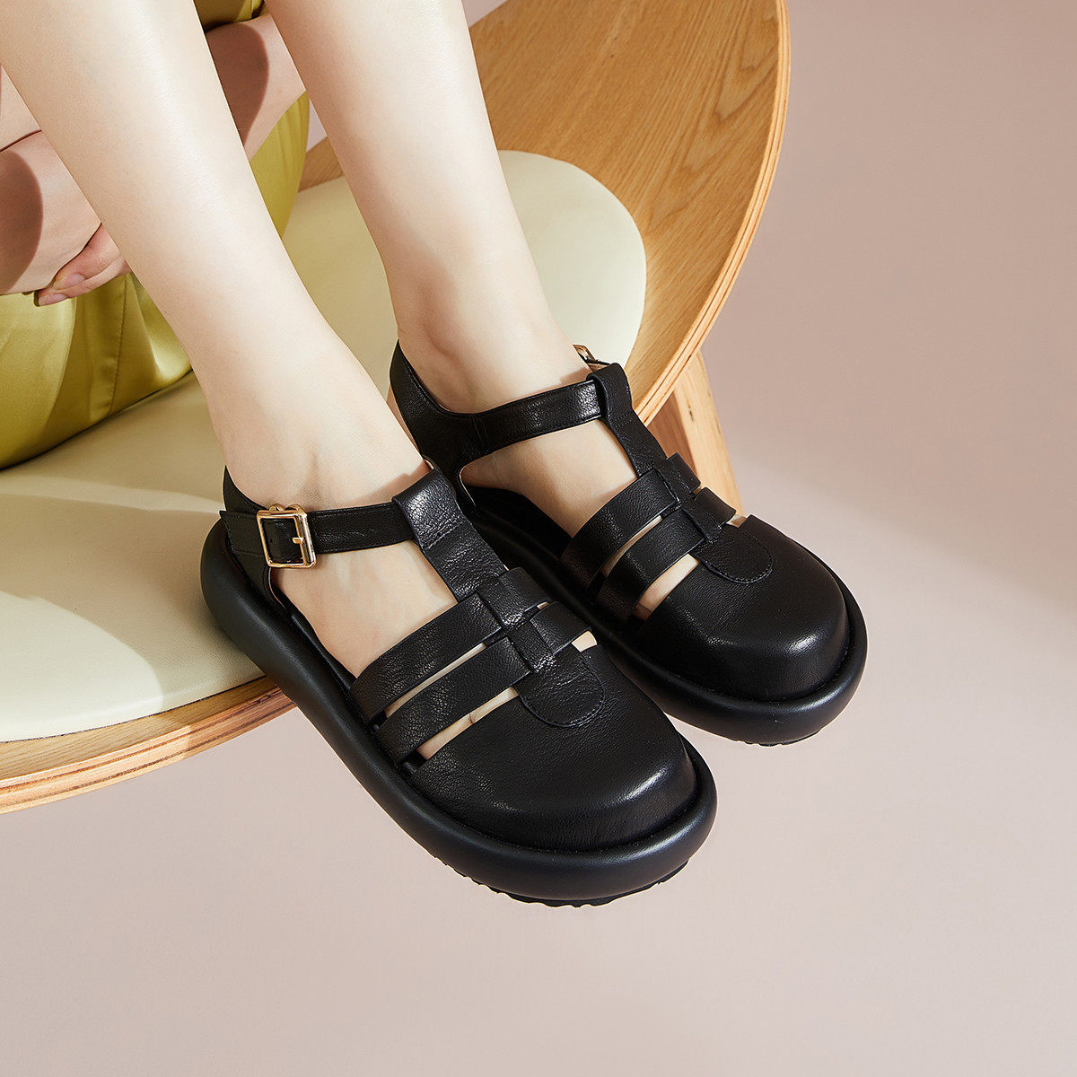 fed羊皮凉鞋女鞋夏季圆头包头厚底编织后空休闲罗马凉鞋猪笼鞋女