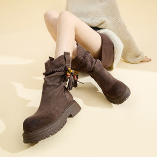 FED冬季 厚底百搭中筒靴子休闲马丁靴西部靴欧美风流苏堆堆靴女