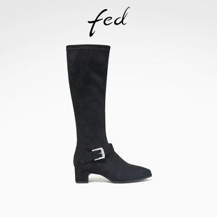 靴瘦瘦靴女款 fed粗跟长筒靴冬季 新款 女靴水钻方扣时装 YA158 D1004