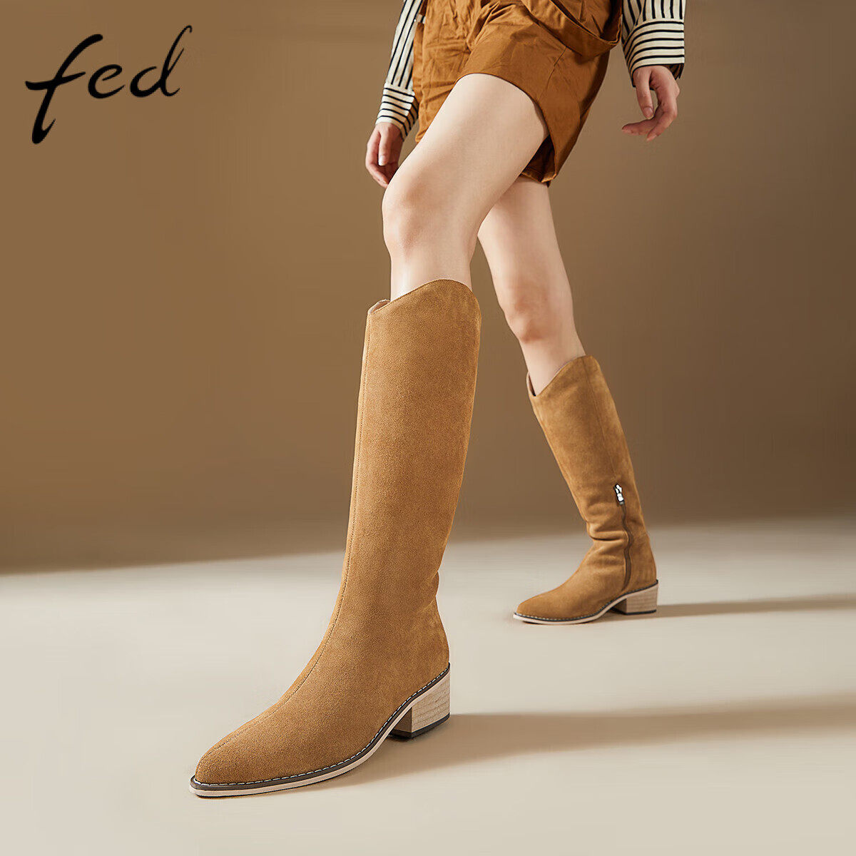 FED羊毛靴秋冬女靴尖头粗跟靴子女鞋保暖高筒靴西部靴骑士靴女