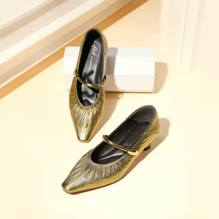 通勤玛丽珍鞋 真皮复古尖头中跟单鞋 女 秋季 fed高级感褶皱羊皮女鞋