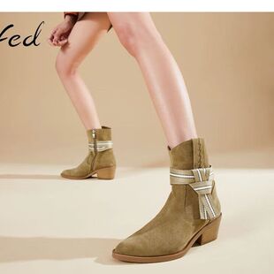 FED粗跟短靴冬季新款加绒靴子气质反绒法式女士时装靴1214-ZFA560