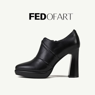 鞋 fed羊皮女鞋 通勤时装 百搭尖头增高防水台粗高跟深口单鞋 女 秋季