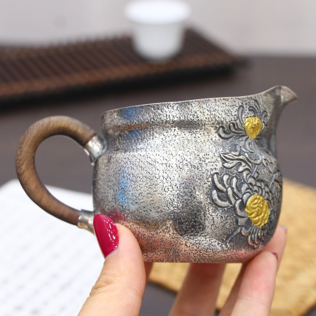 梅兰竹菊银公道杯分茶器纯银999泡茶公杯茶海功夫茶具配件手工造