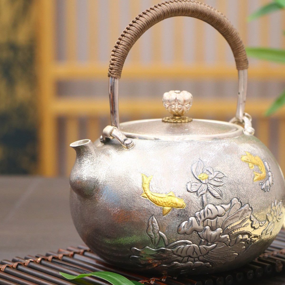 鱼戏莲花正品银壶纯银999烧水壶纯手工家用银茶具壶煮水泡茶壶