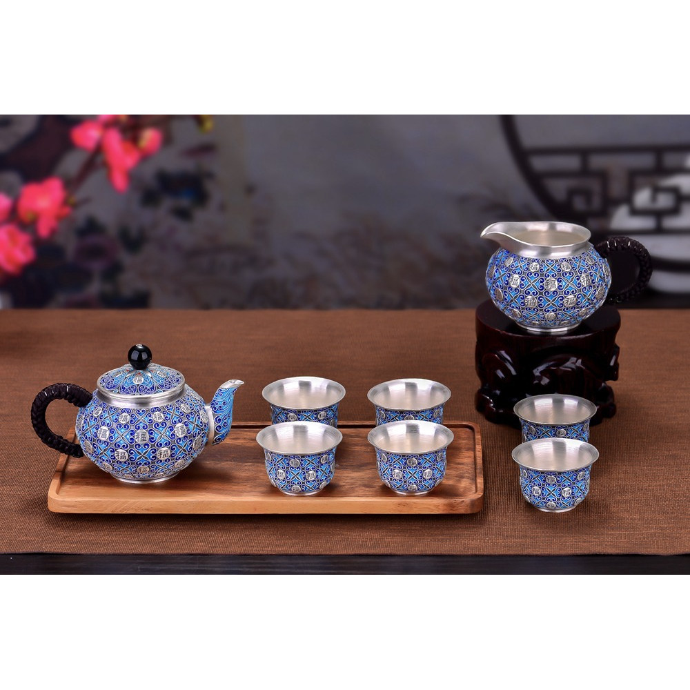 珐琅彩工艺纯银茶具全套999烧水银壶手工银杯子家用茶壶足银茶具