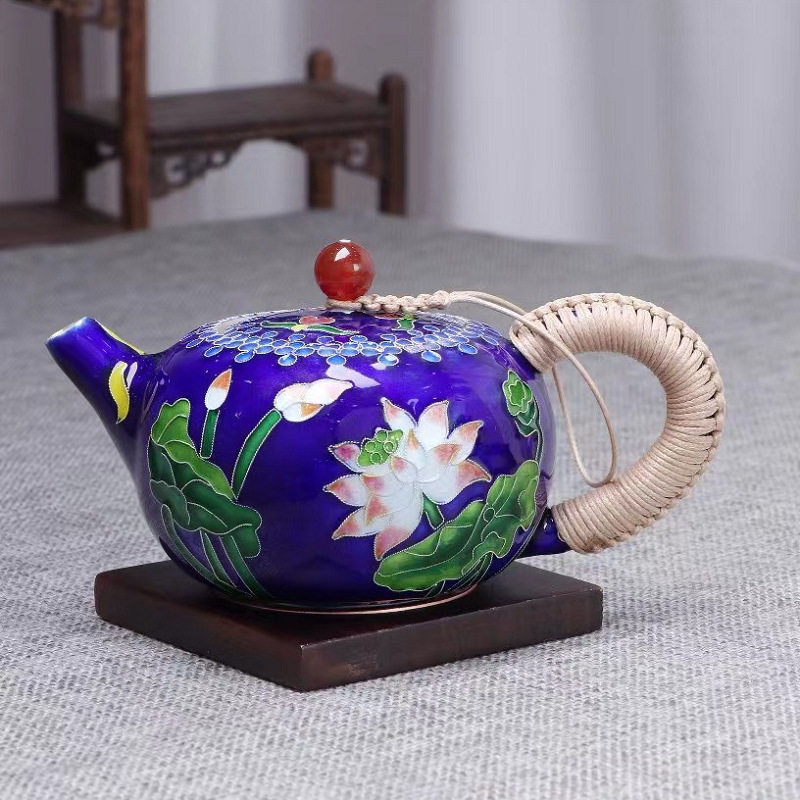 荷韵 花丝七宝烧纯银茶具全套999烧水银壶手工银杯子家用千足银