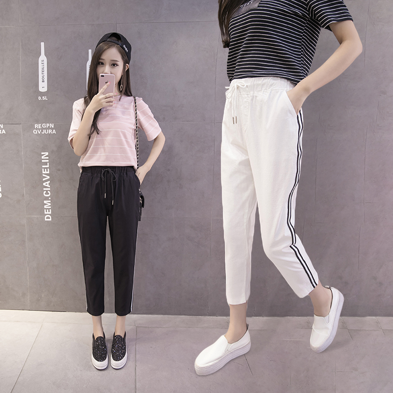 娃娃家潮流女装店铺侧条纹休闲裤显瘦哈伦裤百搭九分裤棉麻长裤