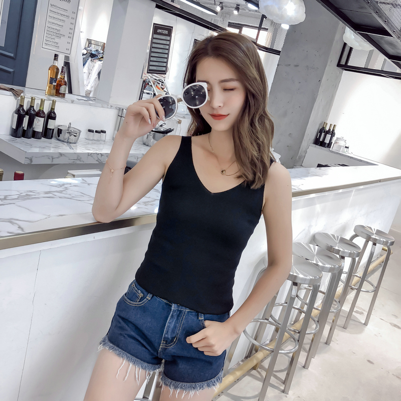 娃娃家潮流女装店铺简约纯色V领露背串带针织背心吊带短百搭上衣