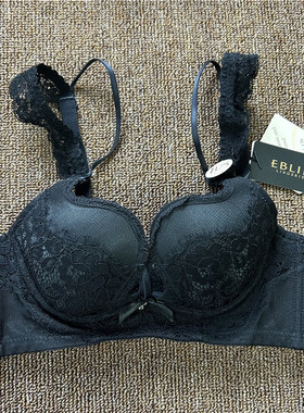 衣恋旗下EBLIN 黑色蕾丝网纱U型杯上托聚拢女士文胸ECBR889101