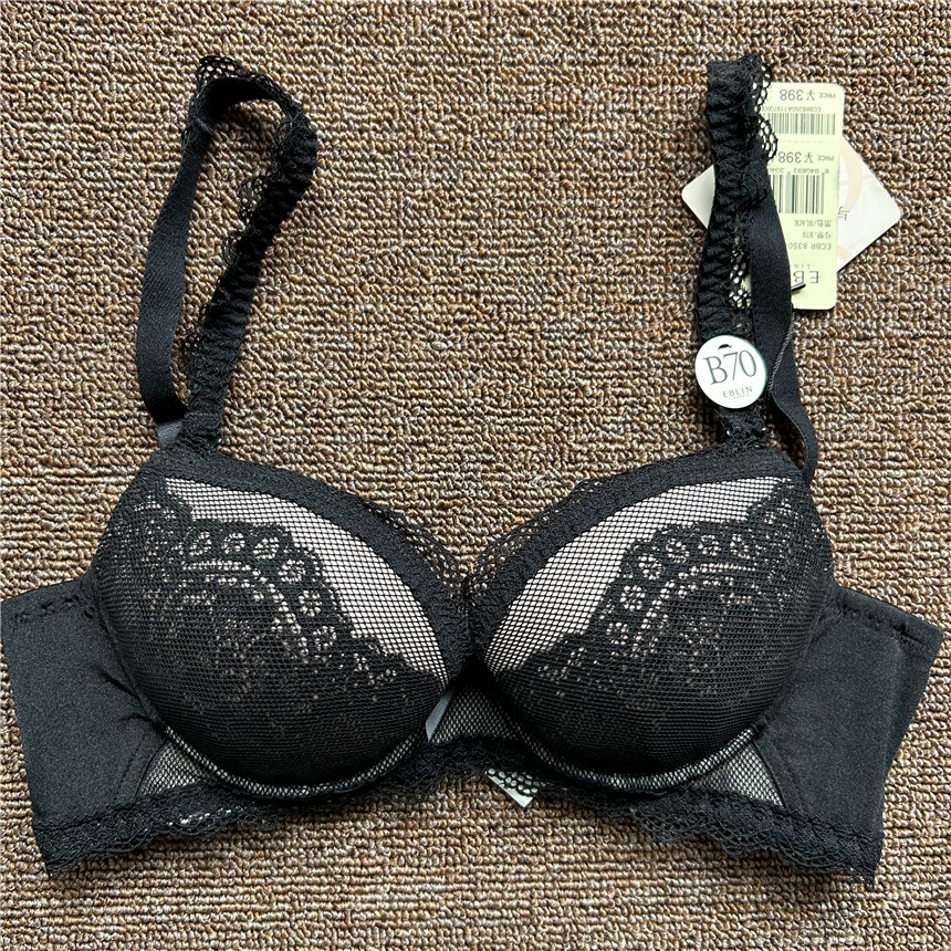 衣恋旗下EBLIN 黑色蕾丝网纱上托聚拢舒适性感女性文胸ECBR8350A1