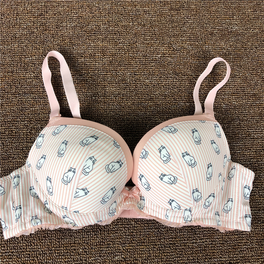 桃红色可爱少女印花有钢圈女文胸