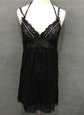 断码清仓!衣恋旗下EBLIN正品黑色挂脖性感蕾丝睡衣睡裙ECFL41C041