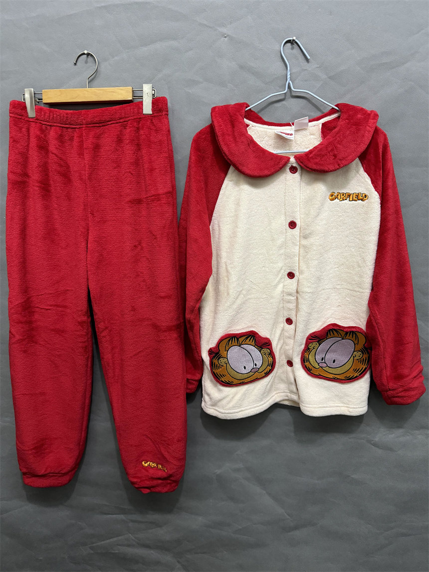 body pop红色P6秋冬珊瑚绒可爱加菲猫荷叶领淑女家居服套装C4TG71