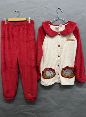 body pop红色P6秋冬珊瑚绒可爱加菲猫荷叶领淑女家居服套装C4TG71