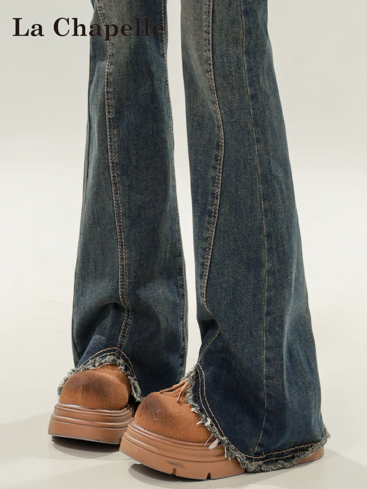 La Chapelle retro flare jeans for women, autumn and winter 2025 new high-waist, warm-lined, slim fit, frayed bell-bottom pants