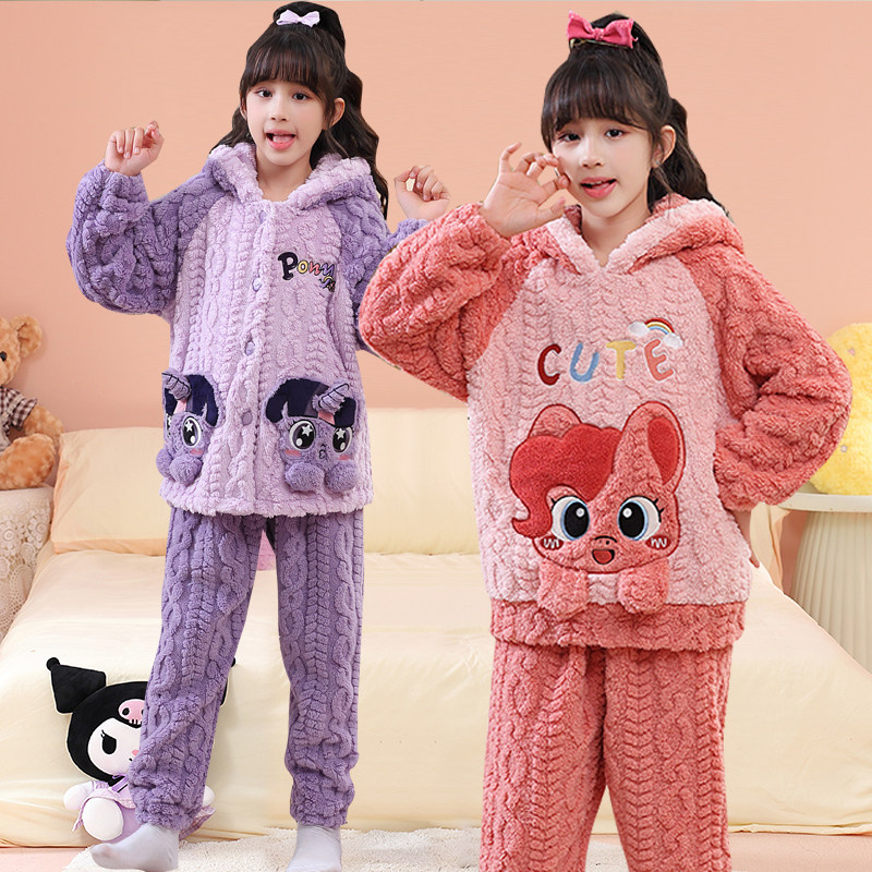 可爱连帽女童珊瑚绒睡衣冬季加厚