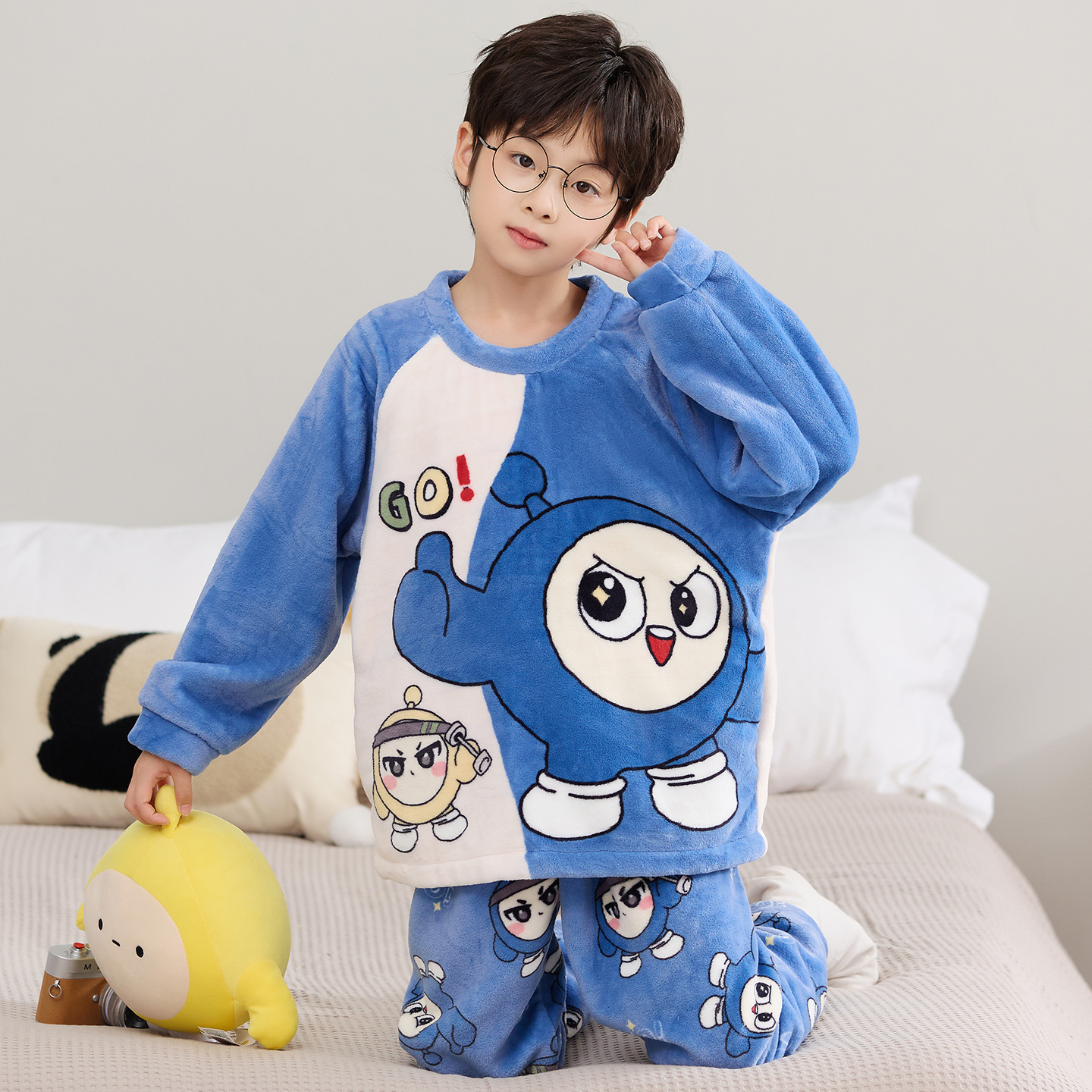 蛋仔派对男童法兰绒睡衣秋冬薄款中大童男孩珊瑚绒儿童家居服套装