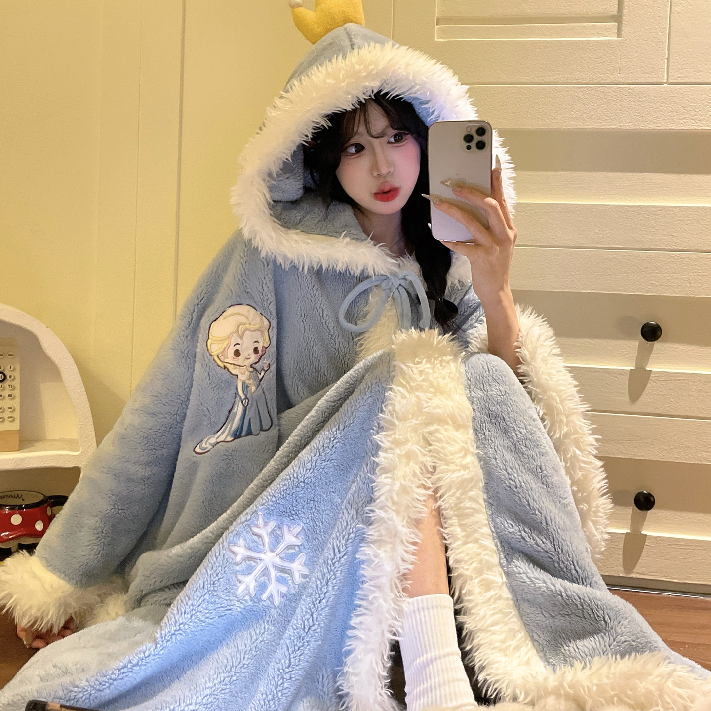 公主女童珊瑚绒睡袍冬季加厚长款法兰绒浴袍可爱连帽少女斗篷睡衣