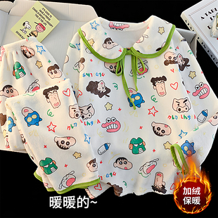 蜡笔小新女童珊瑚绒睡衣秋冬薄款母女套装2025新款公主儿童家居服